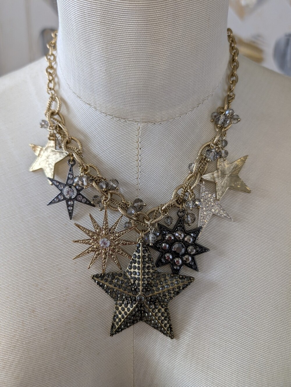 LOFT Star Charm Gold Multi-Star Statement Necklace with Crystal Accents